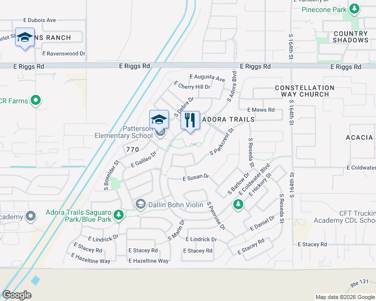 map of restaurants, bars, coffee shops, grocery stores, and more near 2690 East Galileo Drive in Gilbert