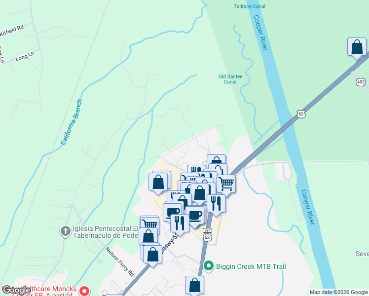 map of restaurants, bars, coffee shops, grocery stores, and more near 3200 Mariners Way in Moncks Corner