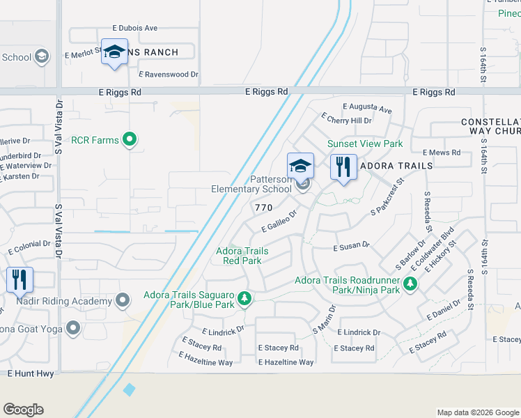 map of restaurants, bars, coffee shops, grocery stores, and more near 2201 East Indian Wells Drive in Gilbert
