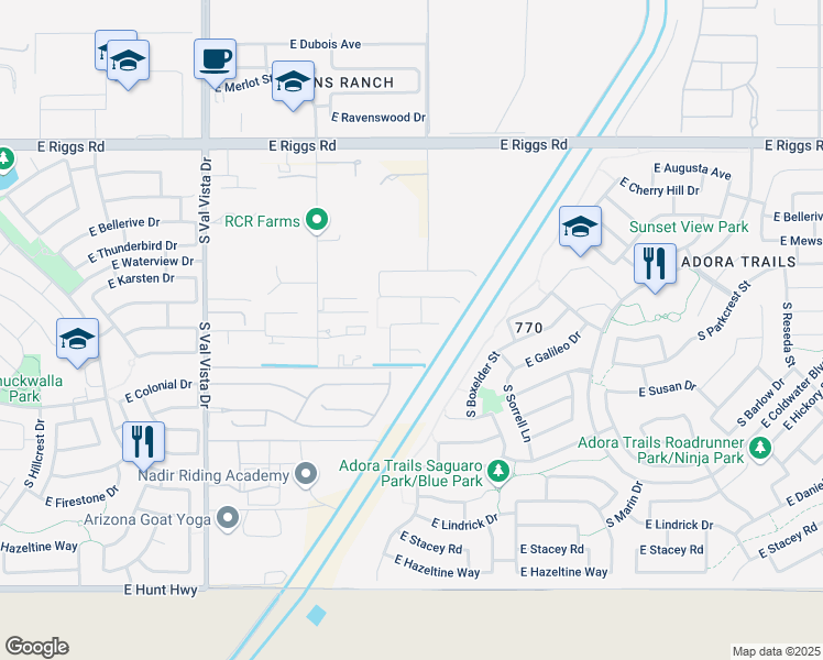 map of restaurants, bars, coffee shops, grocery stores, and more near 1987 East Indian Wells Drive in Gilbert