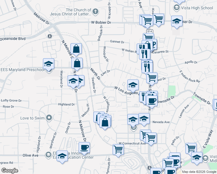 map of restaurants, bars, coffee shops, grocery stores, and more near 416 West Los Angeles Drive in Vista