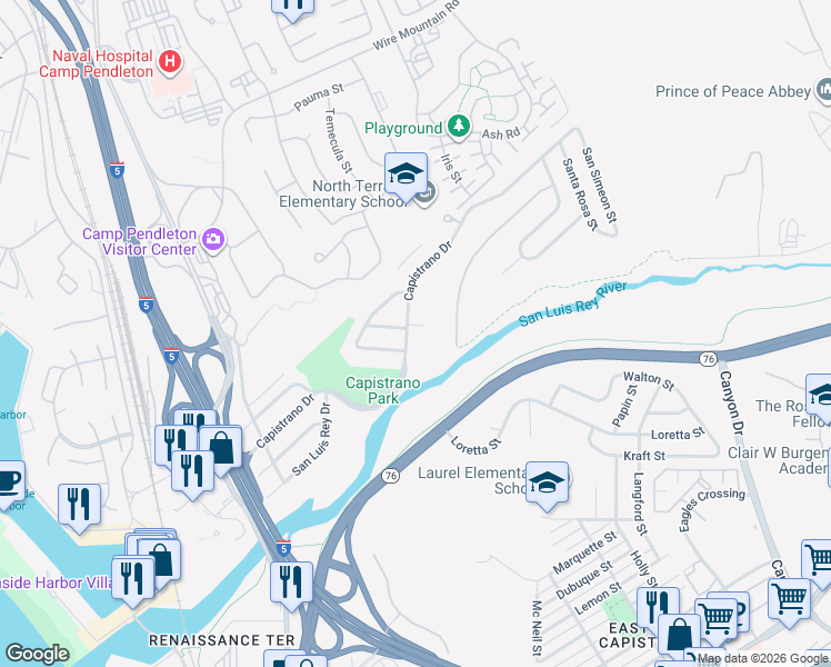 map of restaurants, bars, coffee shops, grocery stores, and more near 811 Capistrano Drive in Oceanside