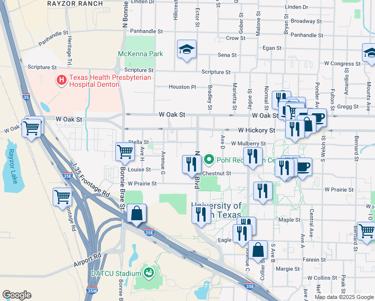 map of restaurants, bars, coffee shops, grocery stores, and more near 219 Avenue F in Denton