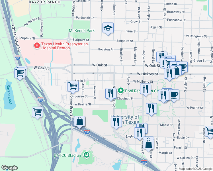 map of restaurants, bars, coffee shops, grocery stores, and more near 219 Avenue F in Denton