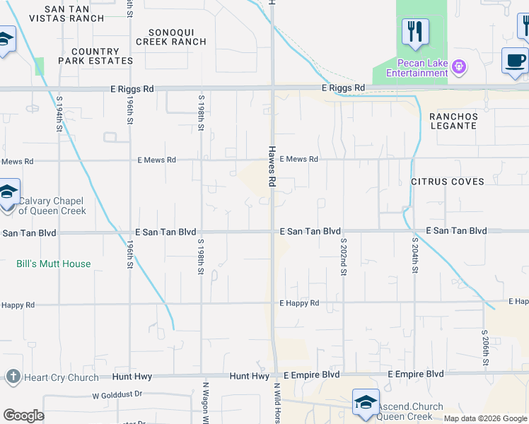 map of restaurants, bars, coffee shops, grocery stores, and more near 25904 Hawes Road in Queen Creek