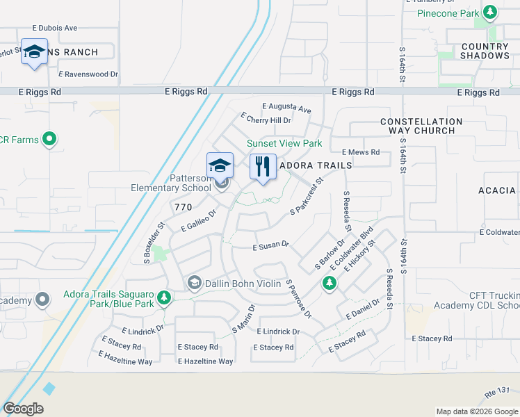map of restaurants, bars, coffee shops, grocery stores, and more near 2406 East Galileo Drive in Gilbert