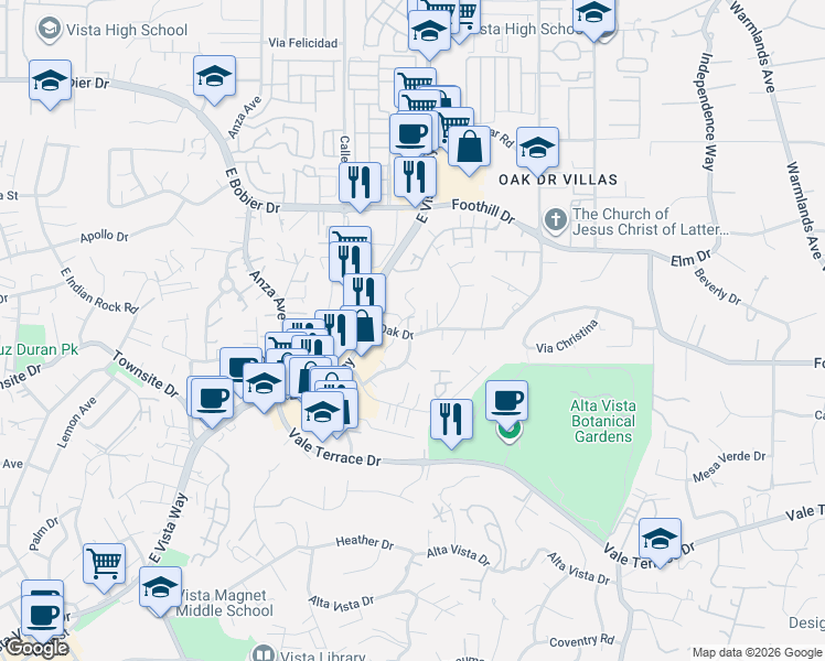map of restaurants, bars, coffee shops, grocery stores, and more near 1069 Glenmere Road in Vista