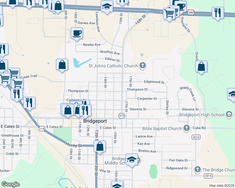 map of restaurants, bars, coffee shops, grocery stores, and more near 1502 Thompson Street in Bridgeport