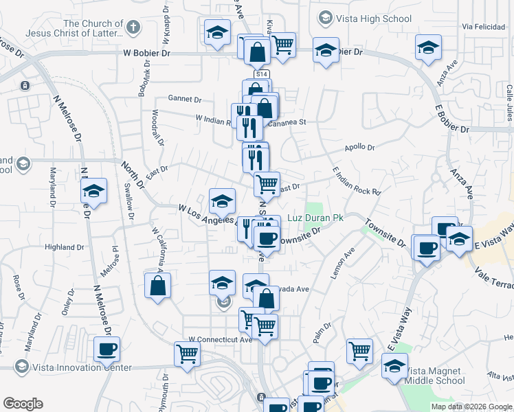 map of restaurants, bars, coffee shops, grocery stores, and more near 1021 North Santa Fe Avenue in Vista