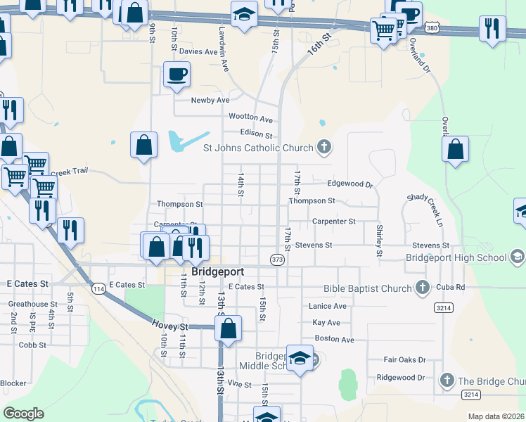 map of restaurants, bars, coffee shops, grocery stores, and more near 1502 Thompson Street in Bridgeport