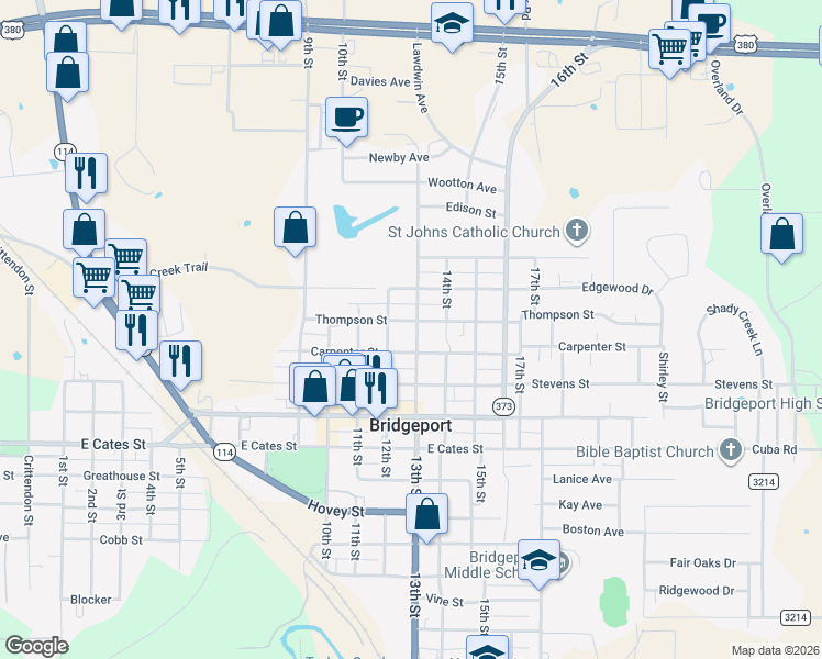 map of restaurants, bars, coffee shops, grocery stores, and more near 1208 Thompson Street in Bridgeport