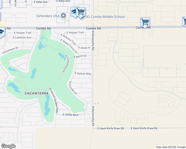 map of restaurants, bars, coffee shops, grocery stores, and more near 36771 North Kenworthy Road in San Tan Valley