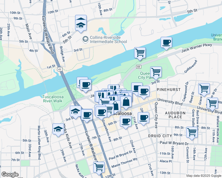 map of restaurants, bars, coffee shops, grocery stores, and more near 2200 Jack Warner Parkway Northeast in Tuscaloosa