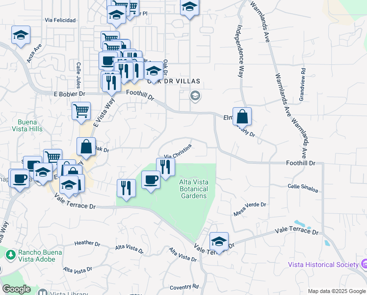 map of restaurants, bars, coffee shops, grocery stores, and more near 1255 Via Christina in Vista