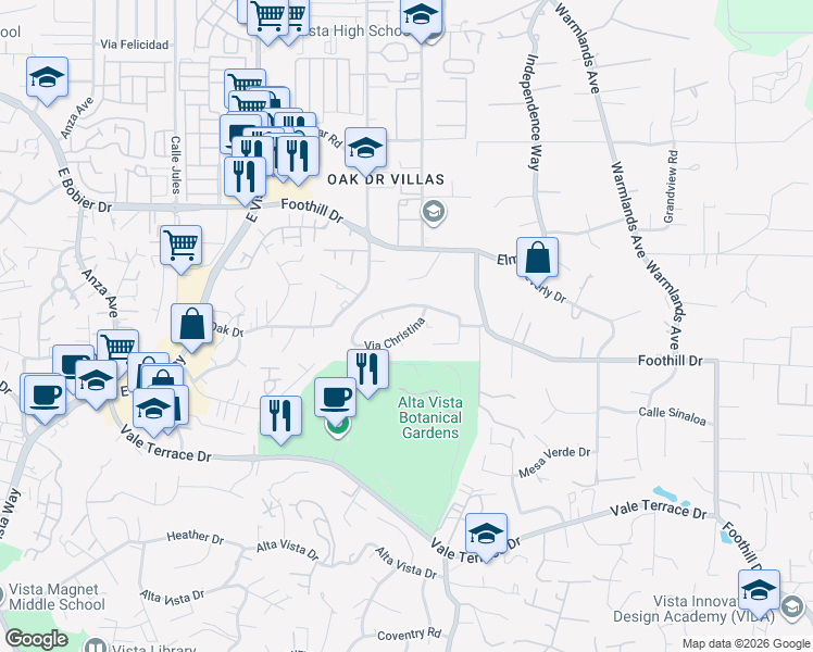 map of restaurants, bars, coffee shops, grocery stores, and more near 1255 Via Christina in Vista