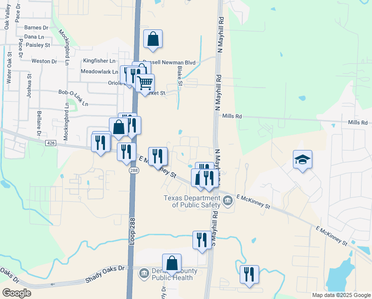 map of restaurants, bars, coffee shops, grocery stores, and more near 3701 East McKinney Street in Denton