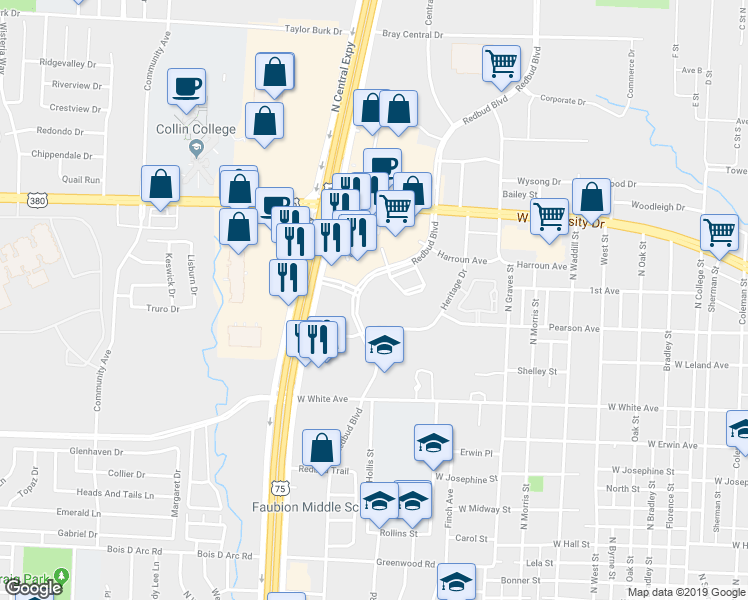 map of restaurants, bars, coffee shops, grocery stores, and more near 1600 North Redbud Boulevard in McKinney