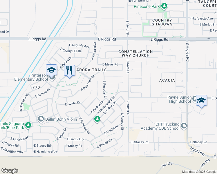 map of restaurants, bars, coffee shops, grocery stores, and more near 2690 East Galileo Drive in Gilbert
