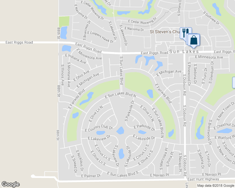 map of restaurants, bars, coffee shops, grocery stores, and more near 9182 East Sun Lakes Boulevard North in Sun Lakes