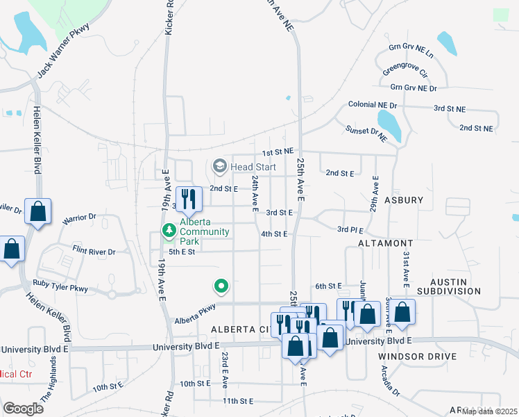 map of restaurants, bars, coffee shops, grocery stores, and more near 309 24th Avenue East in Tuscaloosa