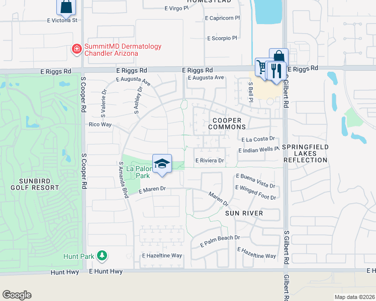 map of restaurants, bars, coffee shops, grocery stores, and more near 2511 East Indian Wells Place in Chandler