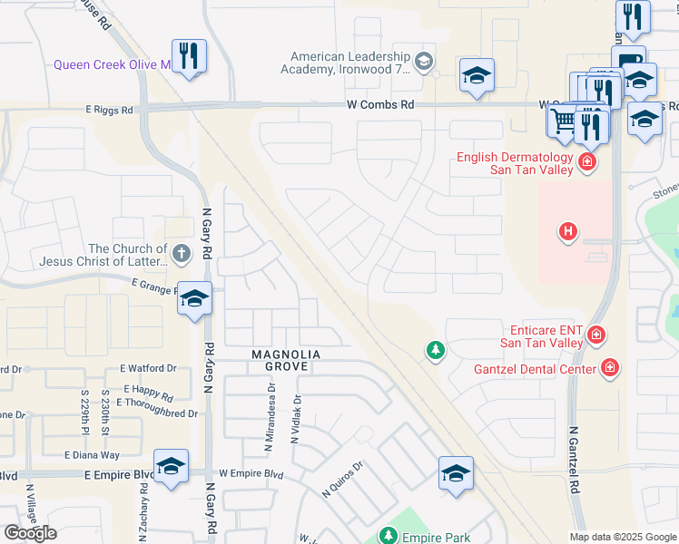 map of restaurants, bars, coffee shops, grocery stores, and more near 36812 Yellowstone Drive in San Tan Valley