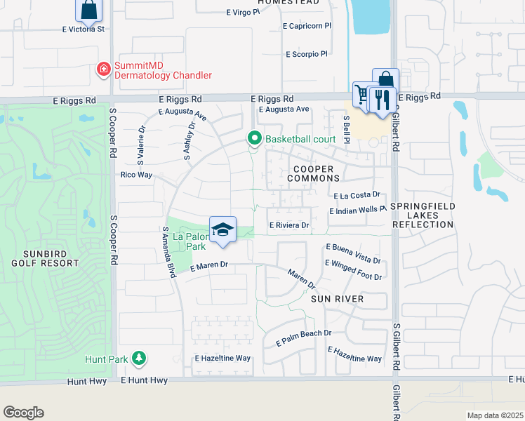 map of restaurants, bars, coffee shops, grocery stores, and more near 2521 East Indian Wells Place in Chandler