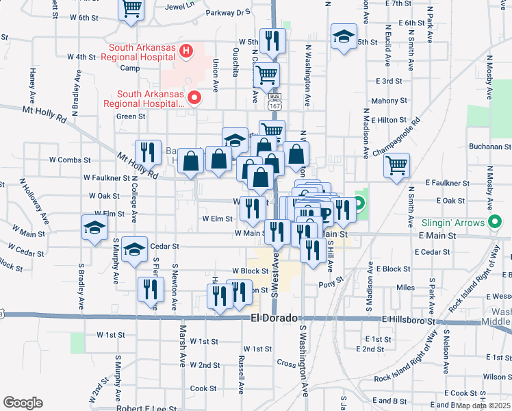map of restaurants, bars, coffee shops, grocery stores, and more near 323 West Oak Street in El Dorado