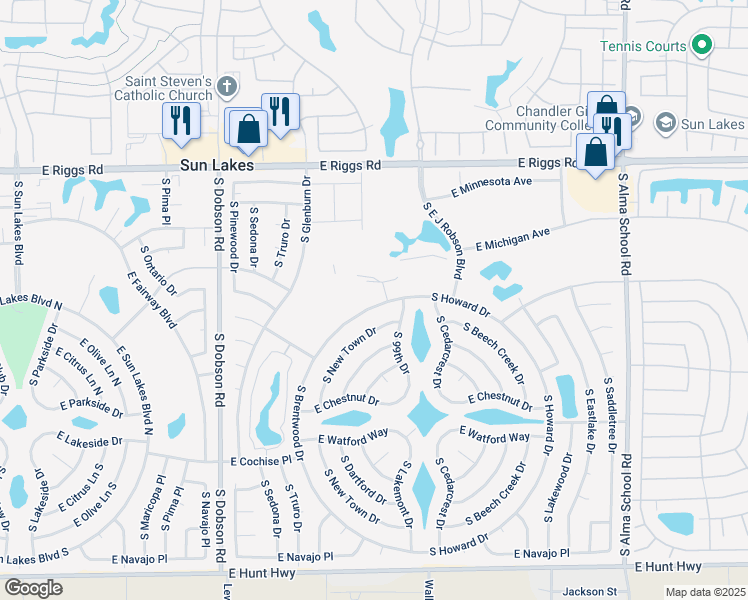 map of restaurants, bars, coffee shops, grocery stores, and more near 25633 South Brentwood Drive in Sun Lakes