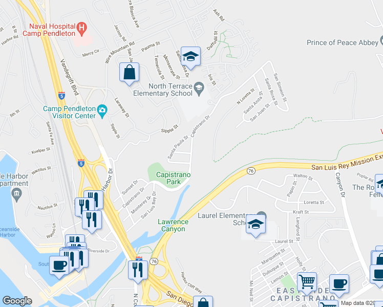 map of restaurants, bars, coffee shops, grocery stores, and more near Capistrano Drive in Oceanside