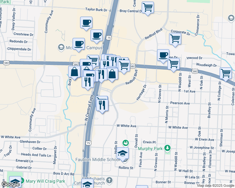 map of restaurants, bars, coffee shops, grocery stores, and more near 1600 Redbud Boulevard in McKinney