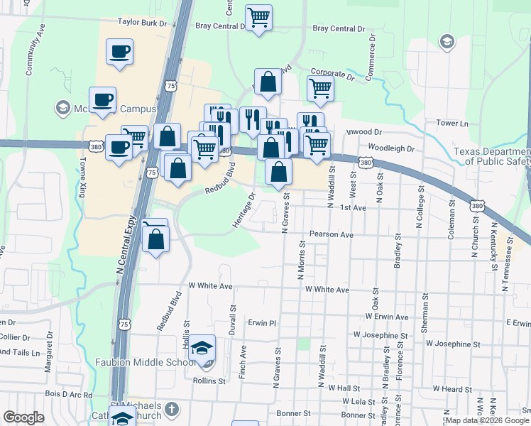 map of restaurants, bars, coffee shops, grocery stores, and more near 1600 Heritage Drive in McKinney