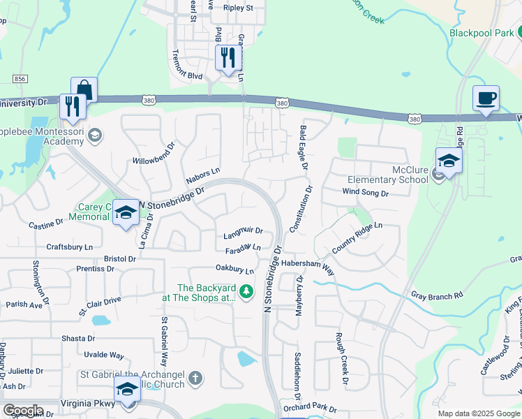 map of restaurants, bars, coffee shops, grocery stores, and more near 7105 Win Stanley Lane in McKinney
