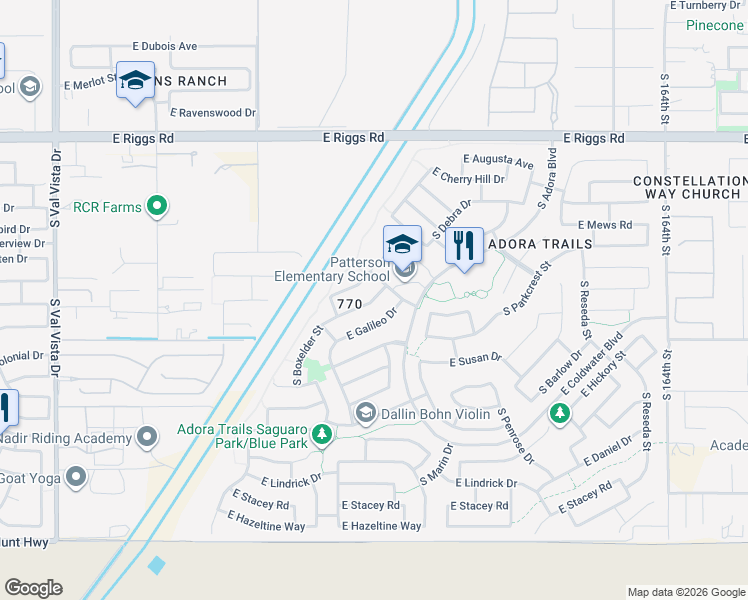 map of restaurants, bars, coffee shops, grocery stores, and more near 2201 East Indian Wells Drive in Gilbert