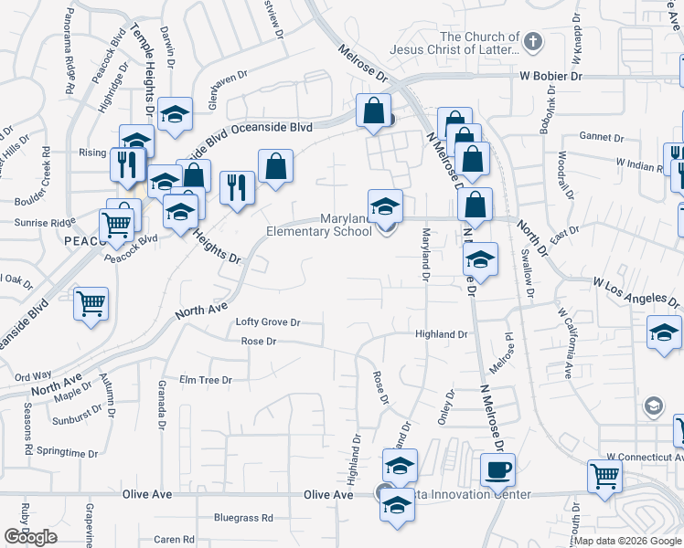 map of restaurants, bars, coffee shops, grocery stores, and more near 869 Loma Alta Terrace in Vista