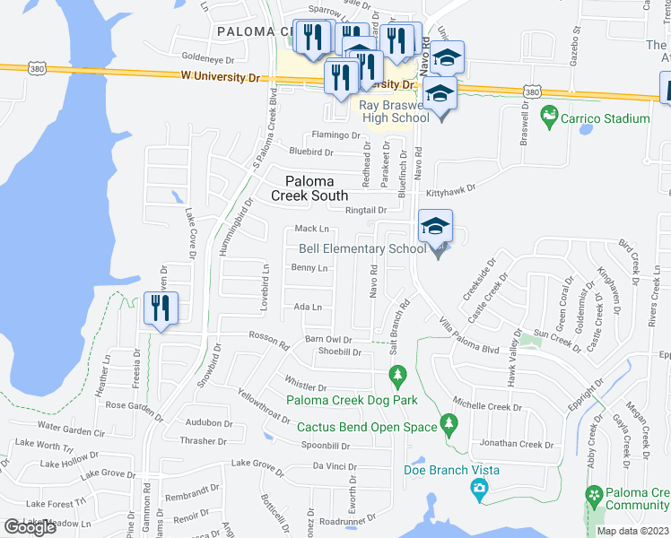 map of restaurants, bars, coffee shops, grocery stores, and more near Smotherman Farm Road in Little Elm