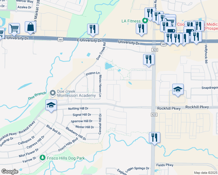 map of restaurants, bars, coffee shops, grocery stores, and more near Rockhill Parkway in Little Elm