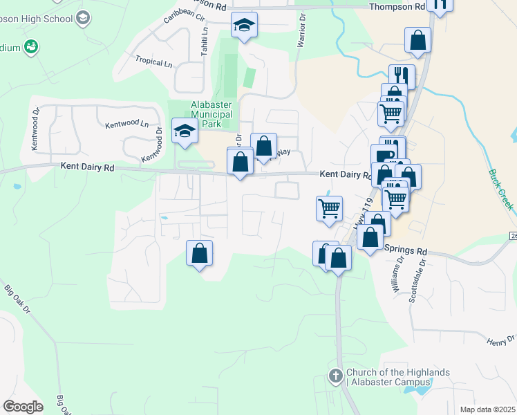 map of restaurants, bars, coffee shops, grocery stores, and more near 262 Jasmine Drive in Alabaster