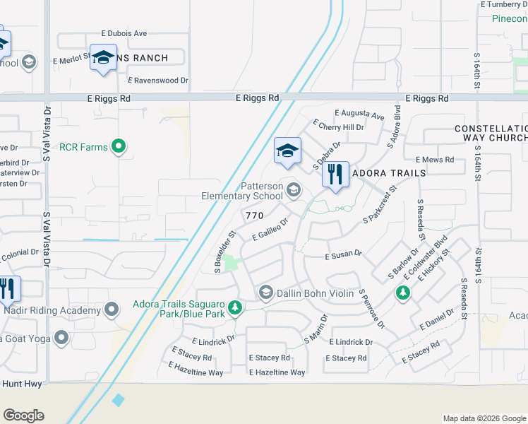 map of restaurants, bars, coffee shops, grocery stores, and more near 2201 East Indian Wells Drive in Gilbert