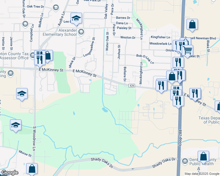 map of restaurants, bars, coffee shops, grocery stores, and more near 2700 East McKinney Street in Denton