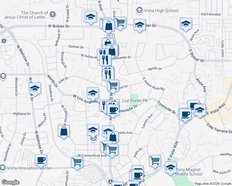 map of restaurants, bars, coffee shops, grocery stores, and more near 1034 Bartlett Drive in Vista