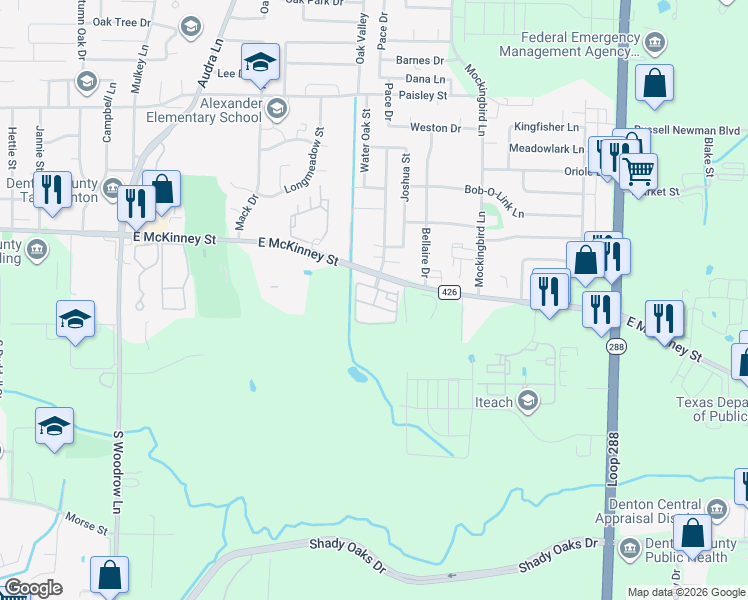 map of restaurants, bars, coffee shops, grocery stores, and more near 2700 East McKinney Street in Denton