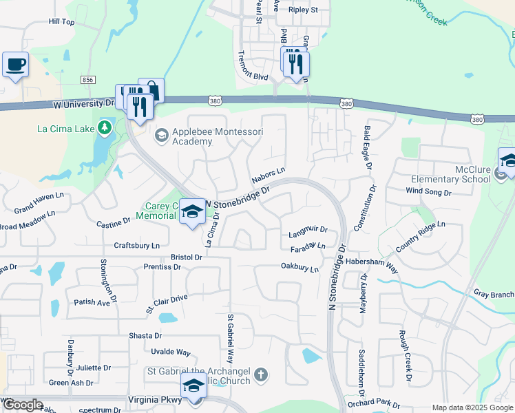 map of restaurants, bars, coffee shops, grocery stores, and more near 1212 Thimbleberry Drive in McKinney