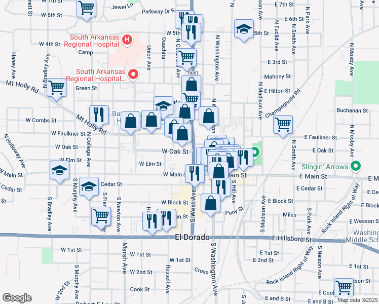 map of restaurants, bars, coffee shops, grocery stores, and more near 323 West Oak Street in El Dorado
