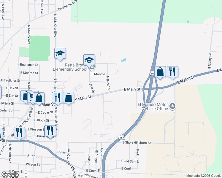 map of restaurants, bars, coffee shops, grocery stores, and more near 2009 East Main Street in El Dorado