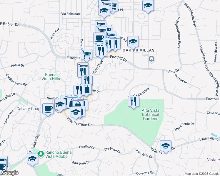 map of restaurants, bars, coffee shops, grocery stores, and more near 1121 Oak Drive in Vista