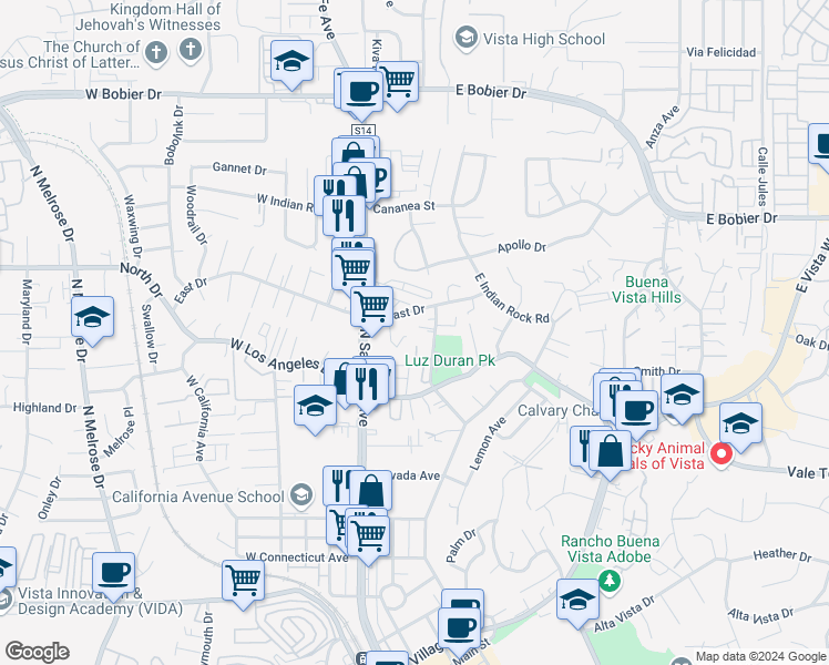 map of restaurants, bars, coffee shops, grocery stores, and more near 900 North Citrus Avenue in Vista