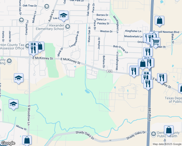 map of restaurants, bars, coffee shops, grocery stores, and more near 2700 East McKinney Street in Denton