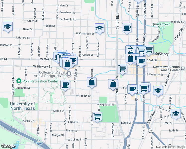 map of restaurants, bars, coffee shops, grocery stores, and more near 902 West Sycamore Street in Denton