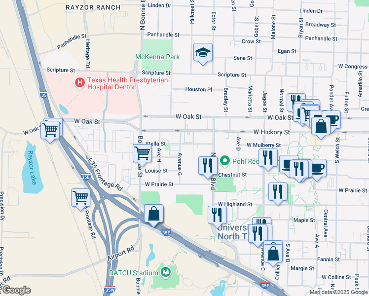 map of restaurants, bars, coffee shops, grocery stores, and more near 213 South Avenue G in Denton